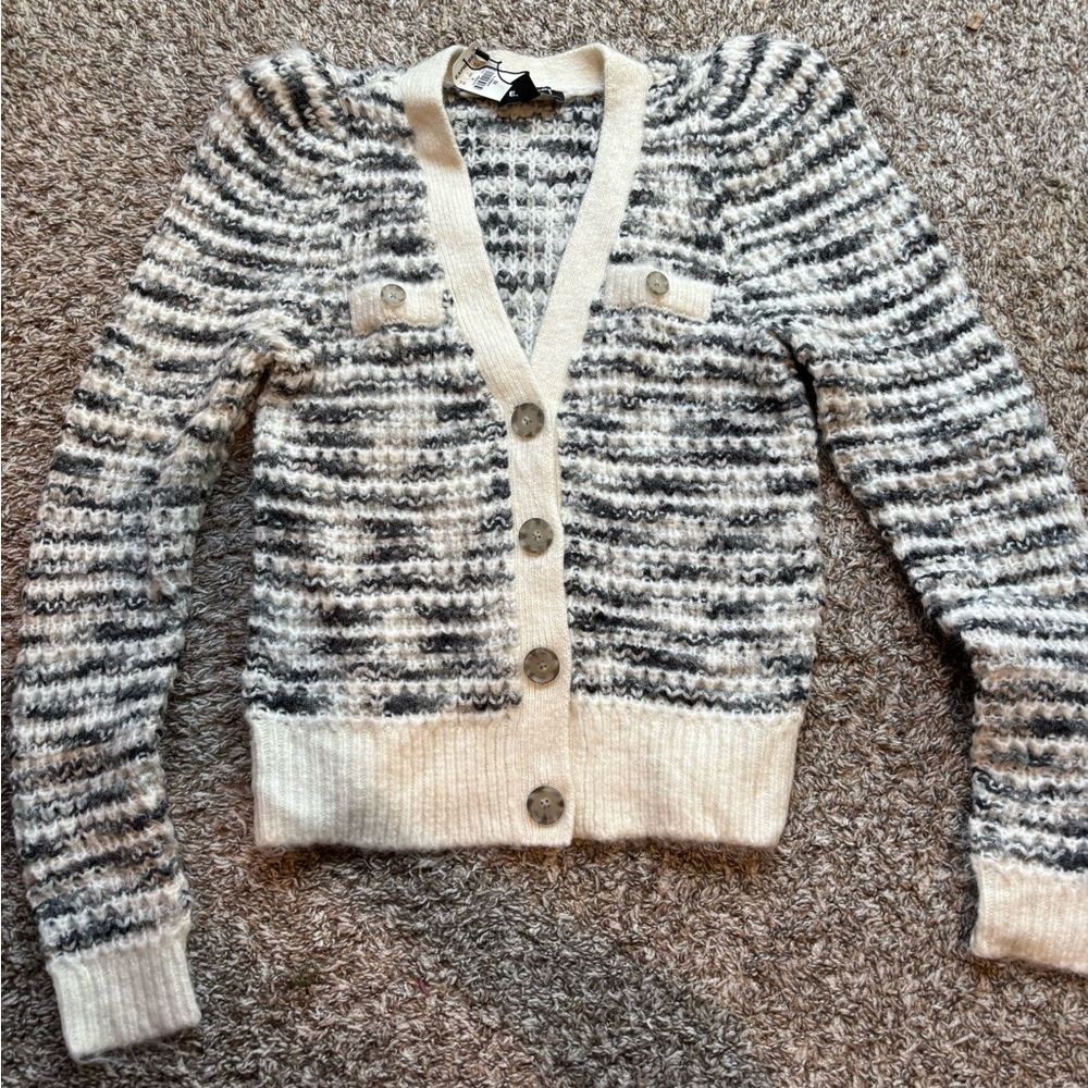 Express Women's Cream and Gray Striped Knit Cardigan
